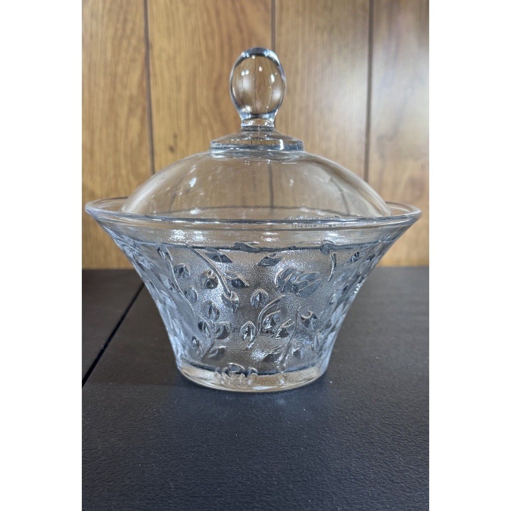 Vintage KIG Indonesia Clear Pressed Glass Covered Bowl Leaf‎ Branch Pattern 7"